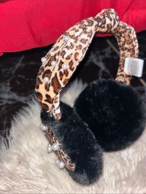 Leopard Print Earmuffs with Faux Pearl Accents - Black Fur NEVER BEEN WORN